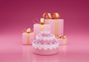 bolo de aniversário fofo 3d cor-de-rosa com caixa de presente em um fundo rosa foto