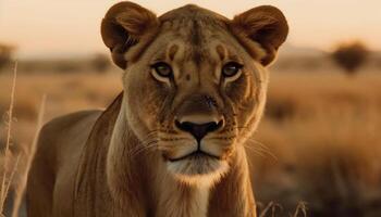 leoa caminhando dentro a africano região selvagem pôr do sol gerado de ai foto