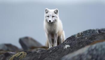 majestoso Lobo sentado em penhasco assistindo região selvagem gerado de ai foto