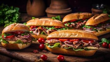 rústico grelhado hamburguer e fritas em ciabatta gerado de ai foto