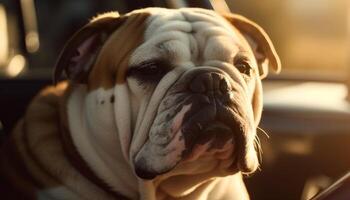 fofa buldogue cachorro sentado ao ar livre, olhando às Câmera gerado de ai foto