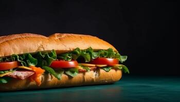 fresco ciabatta sanduíche grelhado carne bovina, mussarela, tomate gerado de ai foto