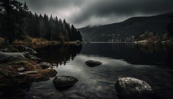 majestoso montanha pico reflete dentro tranquilo lagoa gerado de ai foto