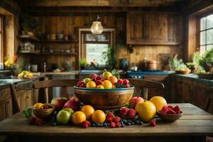 uma aconchegante, rústico cozinha com uma de madeira mesa e cadeiras, uma tigela do fresco colorida frutas. ai generativo foto