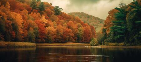 outono floresta reflete vibrante cores dentro lagoa gerado de ai foto