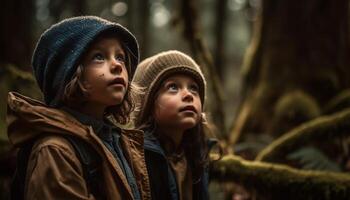 dois alegre Rapazes jogando dentro outono floresta, desfrutando infância aventura gerado de ai foto