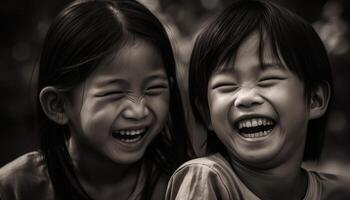 dois fofa meninas rindo, jogando e vínculo dentro natureza juntos gerado de ai foto