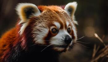 fofo vermelho panda encarando às Câmera ao ar livre gerado de ai foto