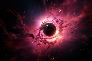 uma supermassivo Preto orifício devora uma vibrante Rosa planeta. ai generativo foto