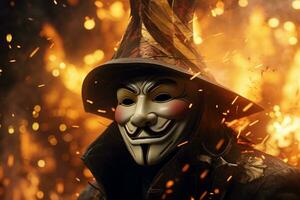 uma cara fawkes máscara, destacada de a dançando claro. ai generativo foto