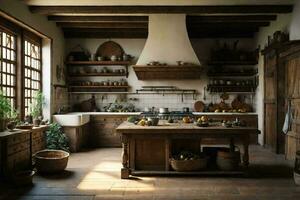 tudor e medieval estilo cozinhando sala. ai generativo foto