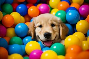 uma dourado retriever cachorro pacificamente dormindo profundamente dentro uma colorida bola poço. ai generativo foto