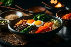 a Câmera é obtendo mais perto para bibimbap, uma popular coreano prato a área às a costas é confuso ou difícil para Vejo ai gerado foto