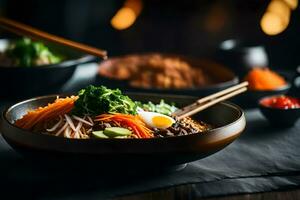 a Câmera é comovente mais perto para mostrar uma gostoso e bem gostou coreano Comida chamado bibimbap às vezes, isto pode estar Difícil para conhecer o que é acontecendo atrás alguma coisa ai gerado foto