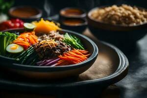 a Câmera é concentrando de perto em bibimbap, que é uma bem gostou coreano prato a área dentro a costas parece embaçado ou Difícil para faço Fora ai gerado foto