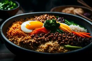 a Câmera é obtendo mais perto para bibimbap, uma delicioso e bem conhecido prato a partir de Coréia às vezes, isto é Difícil para conhecer o que é acontecendo atrás alguma coisa ai gerado foto