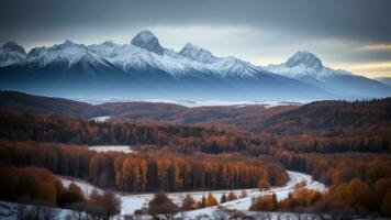 inverno panorama com Nevado montanhas. ai gerado foto