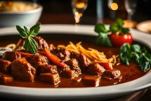 a cenário é todos sobre Goulash lá é uma agradável restaurante dentro a fundo criativo recurso, ai gerado foto