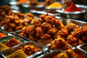 uma prato do picante indiano pakoras é exibido em uma animado mercado cabine, com grande quantidade do diferente colorida especiarias perto ai gerado foto