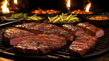 fechar acima do carne em a grade e grupo do amigos às fundo. ai gerado foto