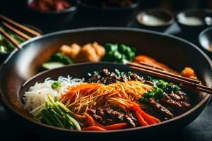 a Câmera é comovente mais perto para mostrar uma gostoso e popular coreano Comida chamado bibimbap às vezes, isto pode estar difícil para figura Fora ou compreender o que é indo em e porque isto é ocorrendo ai gerado foto