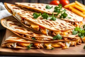 uma fechar acima cenário do uma frango Quesadilla com uma muito brilhante fundo ocupado dentro uma foto estúdio ai gerado