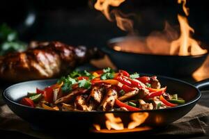 a Câmera é concentrando em uma frango fajita tigela, mas a fundo do a forno parece embaçado ai gerado foto