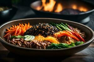 a Câmera é comovente mais perto para mostrar uma saboroso e bem gostou coreano refeição nomeado bibimbap às vezes, isto pode estar Difícil para Compreendo coisas e confuso para figura Fora porque elas acontecer ai gerado foto