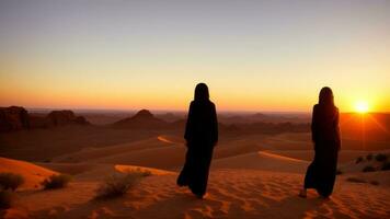 árabe mulher dentro a deserto às pôr do sol viagem concepção. ai gerado foto