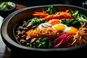 a Câmera é ampliado dentro em bibimbap, uma popular coreano Comida a espaço atrás isto parece borrado ou difícil para Vejo claramente ai gerado foto