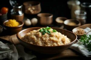 uma saboroso italiano arroz prato chamado risoto é sentado em uma acolhedor cozinha contador, pronto para estar comido de uma família ai gerado foto