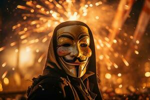 uma cara fawkes máscara, destacada de a dançando claro. ai generativo foto