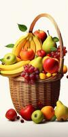 fresco frutas dentro cesta isolado em branco fundo, misturar fresco frutas gostar maçã, banana, uvas e pera dentro cesta generativo ai foto