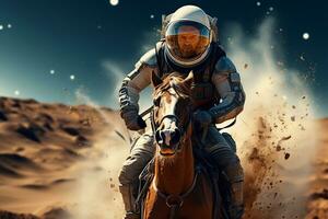 3d Renderização uma homem equitação cavalo dentro deserto com estrelas dentro a fundo generativo ai foto