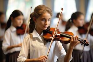 pequeno menina jogando a violino dentro a escola orquestra. Educação conceito guitarra atividade conceito generativo ai foto