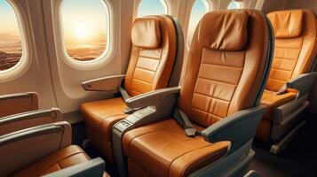 uma cenário do avião interior com assentos e janela Visão em a nuvens e céu generativo ai foto