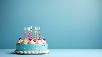 aniversário bolo com Sete velas em pastel azul fundo. ai gerado foto