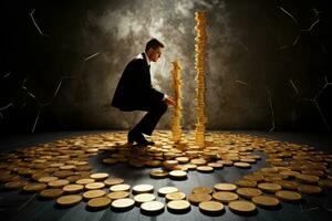 homem de negocios escalada em uma pilha do dourado moedas sobre Sombrio fundo, homem colocando dourado moedas em uma borda representando múltiplo córregos do renda, ai gerado foto