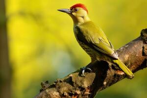 ruivo pica-pau picus rufescens, masculino verde pica-pau picus eritrorrinco empoleirado em uma árvore, ai gerado foto