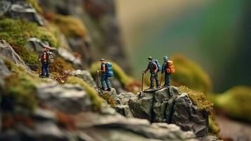 miniatura turista dentro montanhas. brinquedo homem viaja e caminhadas. diorama descansar e período de férias. pequeno personagens dentro natureza criada com generativo ai tecnologia foto