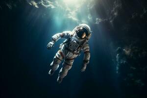 astronauta é flutuando dentro espaço em uma bokeh estilo fundo com generativo ai foto