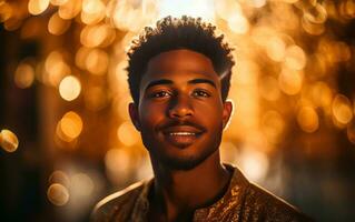 atraente sorridente Afro-Americano homem sobre Sombrio dourado bokeh fundo. ai generativo foto