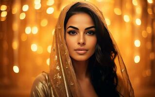 lindo sorridente árabe mulher sobre Sombrio dourado bokeh fundo. ai generativo foto