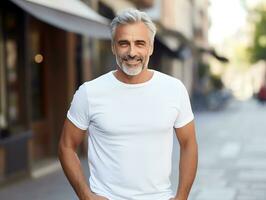 saudável Senior homem vestindo em branco esvaziar branco camiseta brincar para Projeto modelo, ai gerado foto