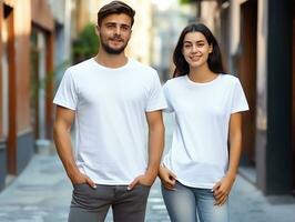 uma casal namorado e namorada vestindo em branco branco Coincidindo Camisetas brincar para Projeto modelo, ai gerado foto