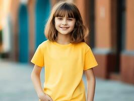 fofa pequeno menina vestindo em branco esvaziar amarelo camiseta brincar para Projeto modelo, ai gerado foto