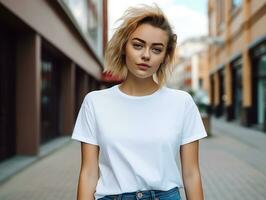 atraente jovem mulher vestindo em branco esvaziar branco camiseta brincar para Projeto modelo, ai gerado foto