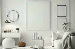 em branco branco quadro, Armação zombar acima para interior escandinavo quarto mínimo estilo, vivo quarto decoração, ai gerado foto