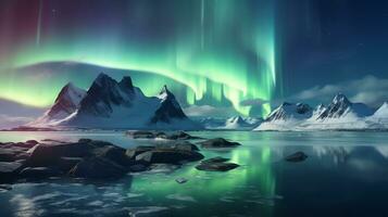 panorama do lindo aurora boreal sobre Nevado montanha fundo, ai gerado foto