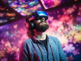 homem usando virtual realidade fone de ouvido, olhando por aí às interativo tecnologia exibição com multicolorido projetor luz iluminação, ai gerado foto